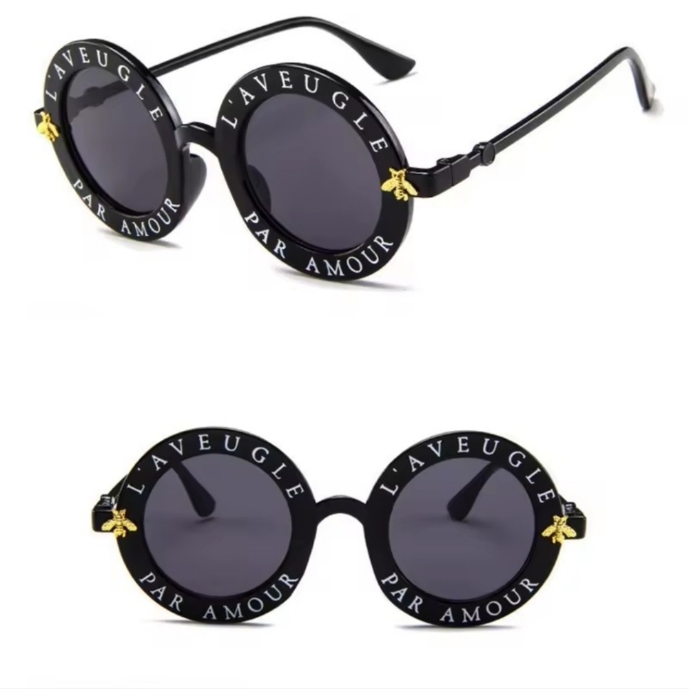 Black Round Sunglasses with Vintage Gold Bee Frames Dark Gray Lens